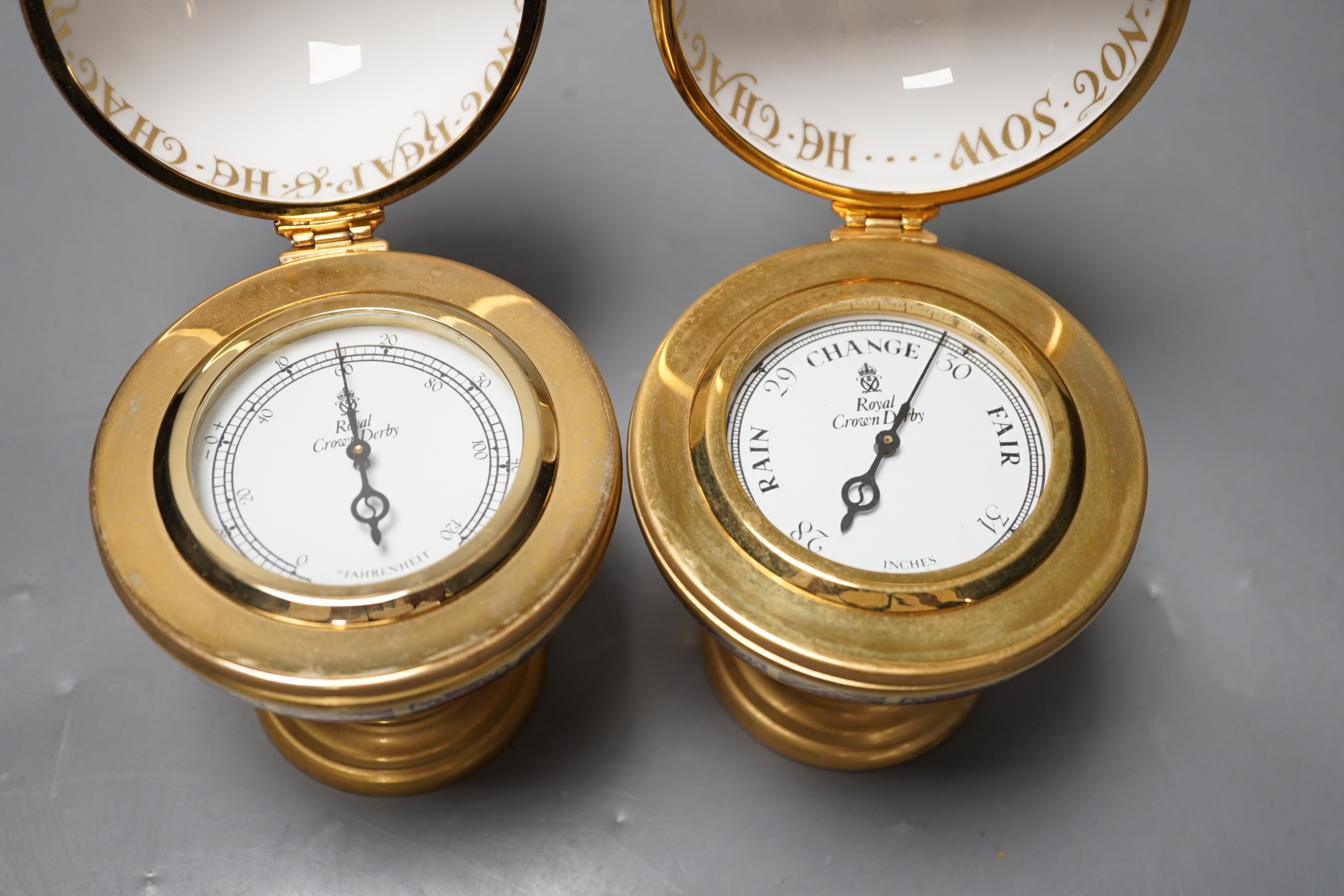 A Royal Crown Derby Millennium globe thermometer and a Millennium globe aneroid barometer, 13cms high